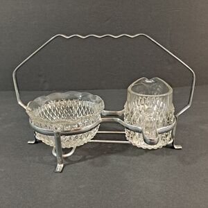 Vintage Three Piece Diamond Point Glass Cream And Sugar Bowl Caddy Set